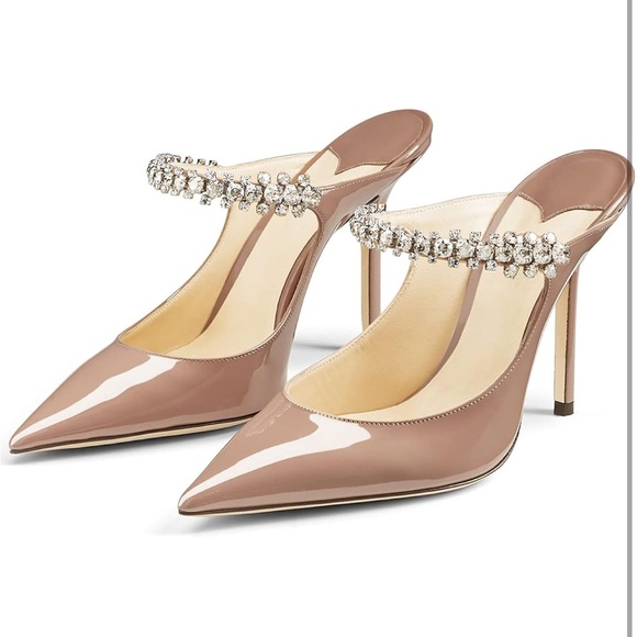 Elegant Nude Patent Leather Heeled Mules with Rhinestone Strap - Picture 3 of 5